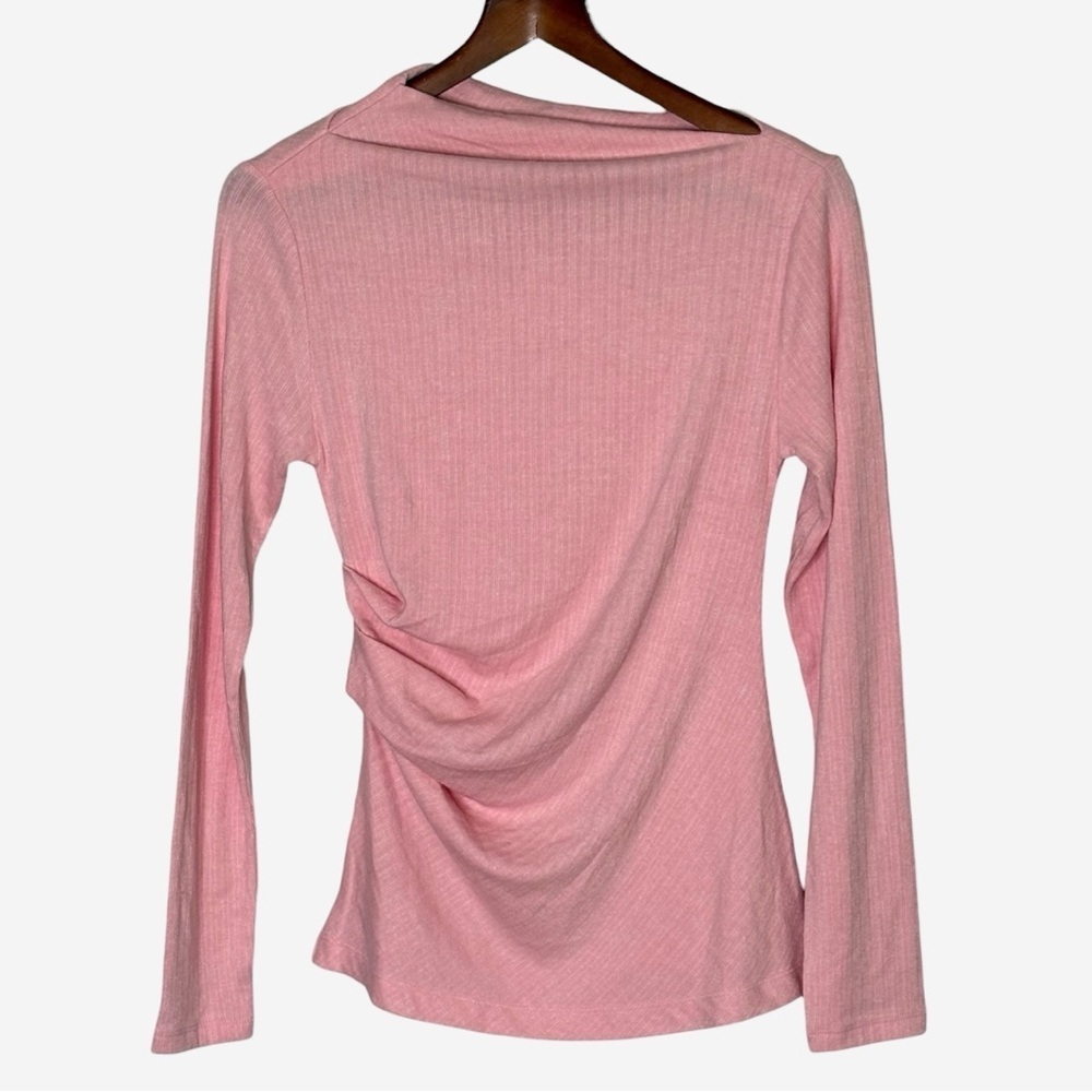 NWT LOFT Ribbed Side-Ruched Long Sleeve Knit Top Size M Pink Super Soft Fitted